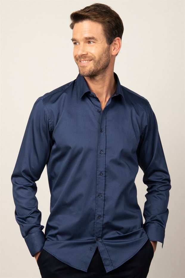Modern Slim Fit Long Sleeve Cotton Satin Premium Series Men's Navy Blue Shirt
