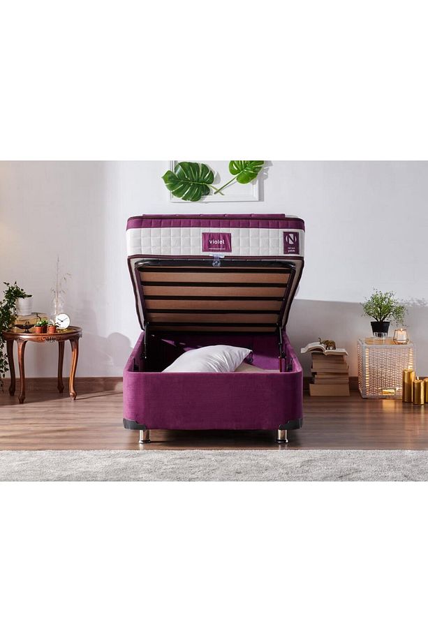 Violet Yatak Seti Tek Kişilik Yatak Baza Başlık Takımı, Orta Sert Yatak Mor Baza Ve Taşlı Başlık - 4