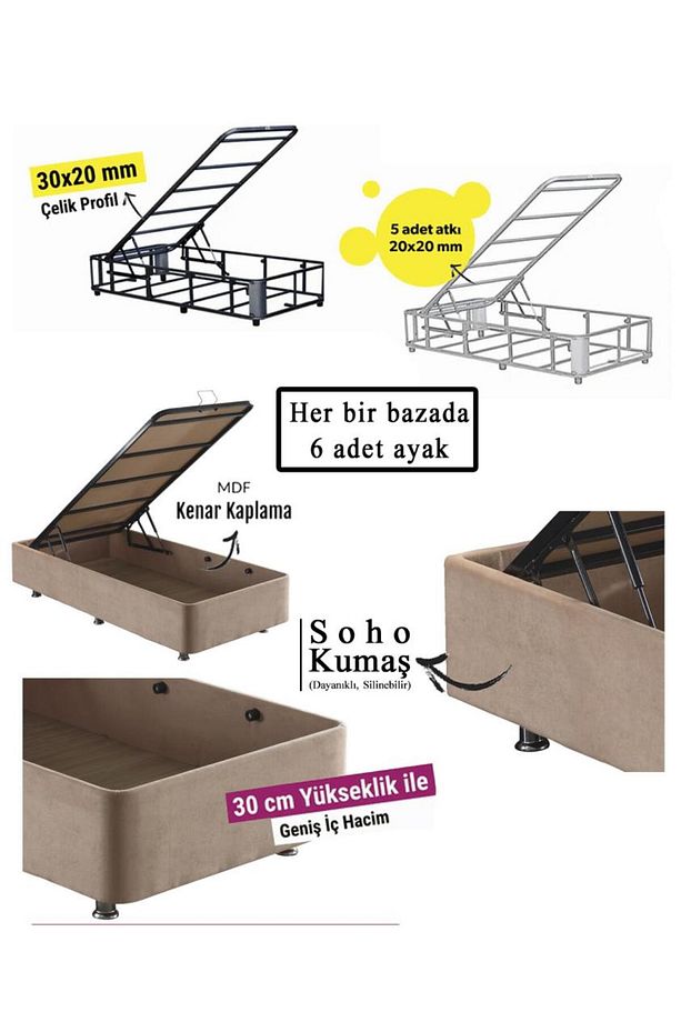 Niron Rama Baza Ve Başlık Seti 120x200 Cm Tek Kişilik Sütlü Kahve Kumaş Baza Ve Başlığı Soho Kumaş - 8