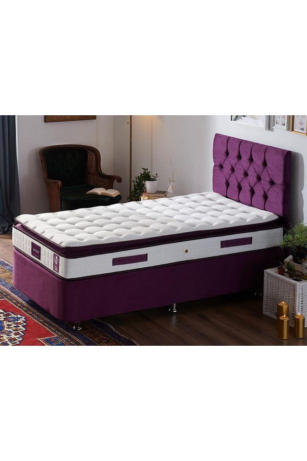 Purple Yatak Seti Tek Kişilik Yatak Baza Başlık Takımı, Orta Sert Yatak Mor Baza Ve Chester Başlık - 1