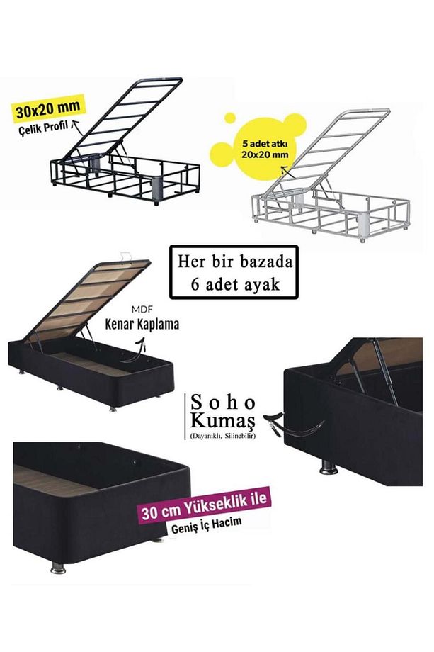 Niron Ela Baza Ve Başlık Seti -120x200 Cm Tek Kişilik Siyah Kumaş Baza Ve Başlığı Silinebilir Soho K - 4