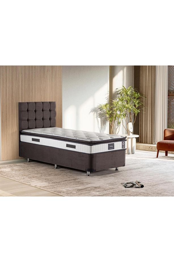 Niron King Yatak Seti 80x180 Tek Kişilik Yatak Baza Başlık Takımı Füme - 1