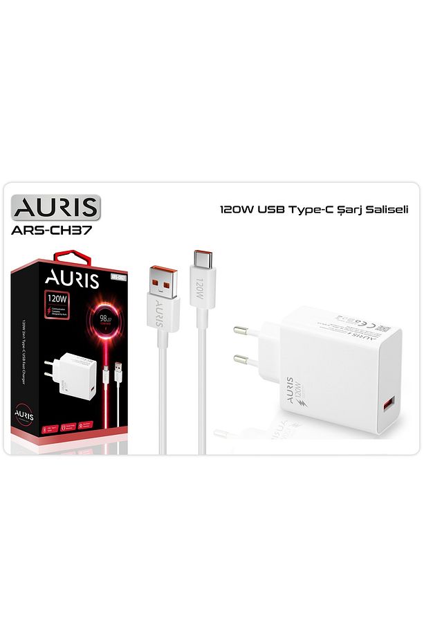 Auris 120 Watt USB to Type C Yüksek Hızlı Şarj Aleti Seti 120 W USB Başlık + Type C Kablo Saliseli - 2