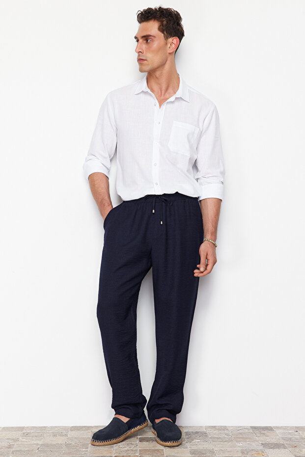 Lacivert Tapered Lastikli Beli Bağlamalı Keten Görünümlü Pantolon TMNSS20PL0547 - 4