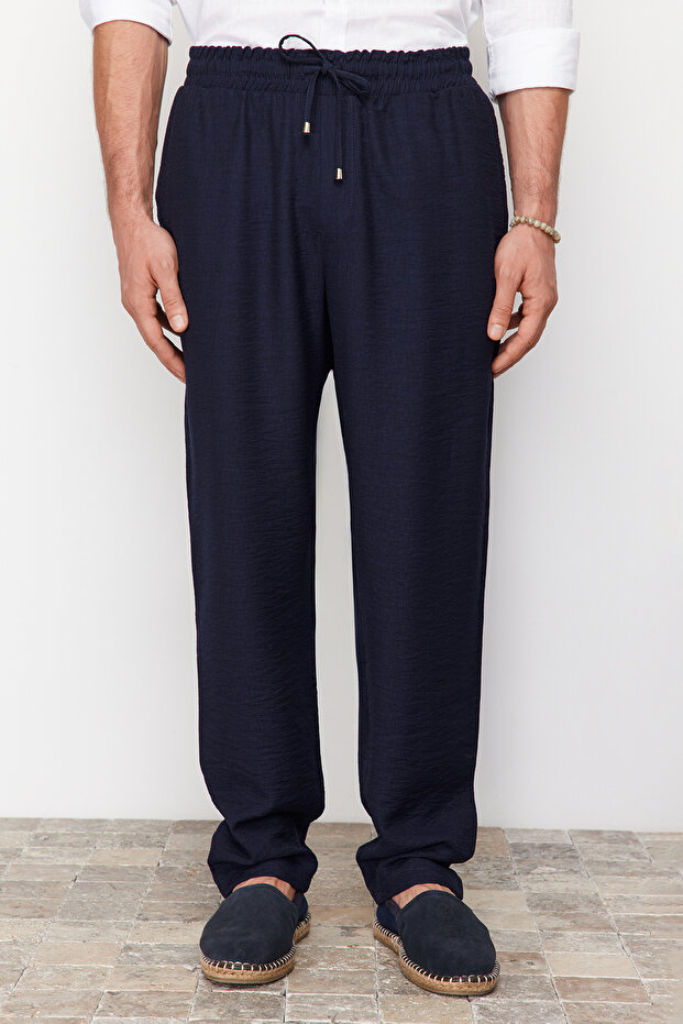 Lacivert Tapered Lastikli Beli Bağlamalı Keten Görünümlü Pantolon TMNSS20PL0547 - 1