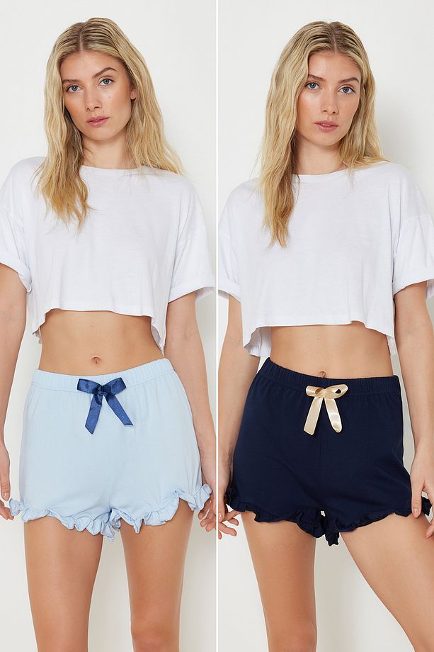 Çok Renkli 2'li Paket Pamuklu Fırfırlı, Kurdele/Fiyonk Detaylı Örme Pijama Altı THMSS24PJ00027 - 2