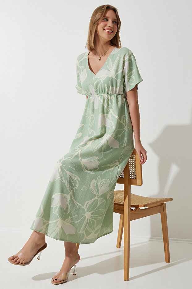 Women's Green Tropical Patterned Summer Raw Linen Dress BP00156