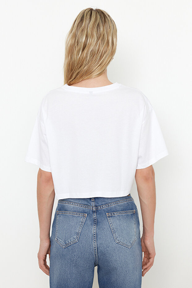 Siyah-Beyaz 2'li Paket %100 Pamuk Relax/Rahat Kesim Crop Örme T-Shirt TWOSS24TS00224 - 4