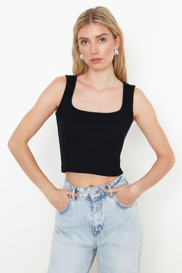 Siyah-Beyaz 2'li Paket Fitted/Vücuda Oturan Fitilli Esnek Örme Bluz TWOSS24BZ00583 - 2