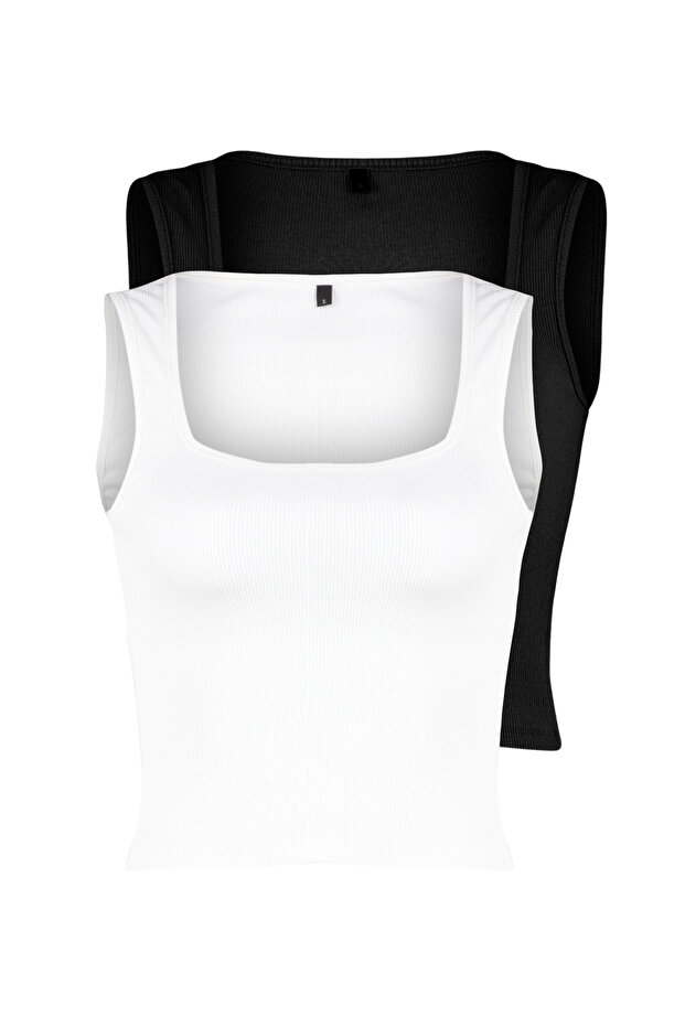 Siyah-Beyaz 2'li Paket Fitted/Vücuda Oturan Fitilli Esnek Örme Bluz TWOSS24BZ00583 - 7