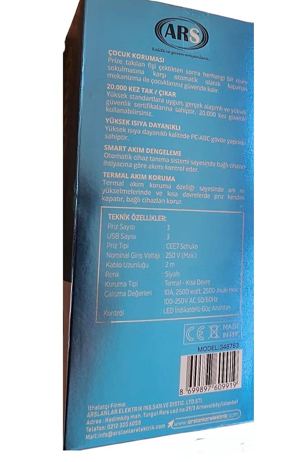 3 LU ANAHTARLI AKIM KORUMALI  2 MT  2USB 1 TYPE-C  3 PRIZ ARS - 5