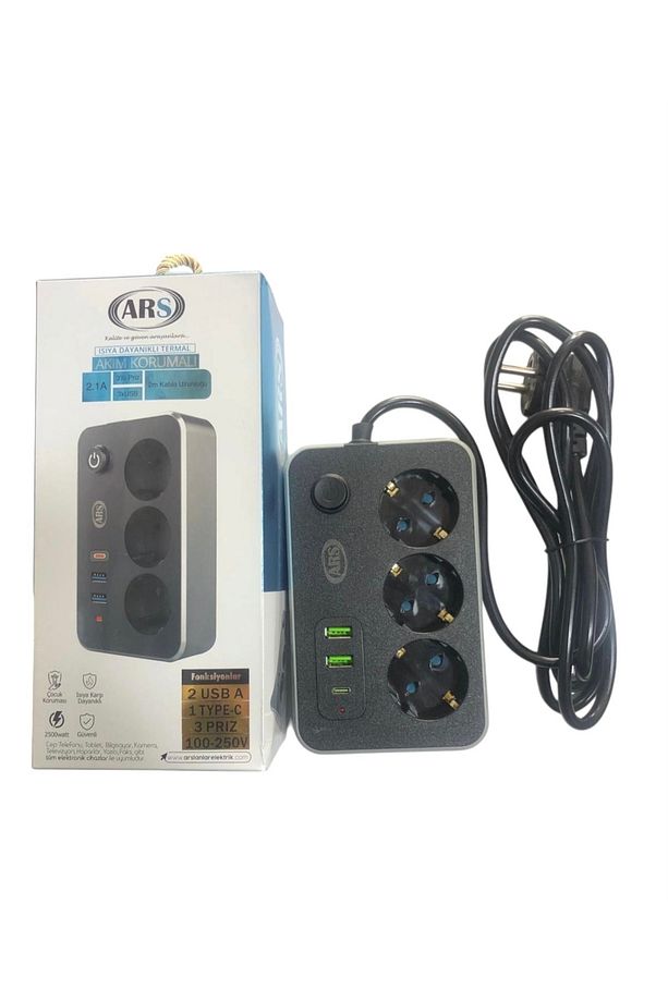 3 LU ANAHTARLI AKIM KORUMALI  2 MT  2USB 1 TYPE-C  3 PRIZ ARS - 6