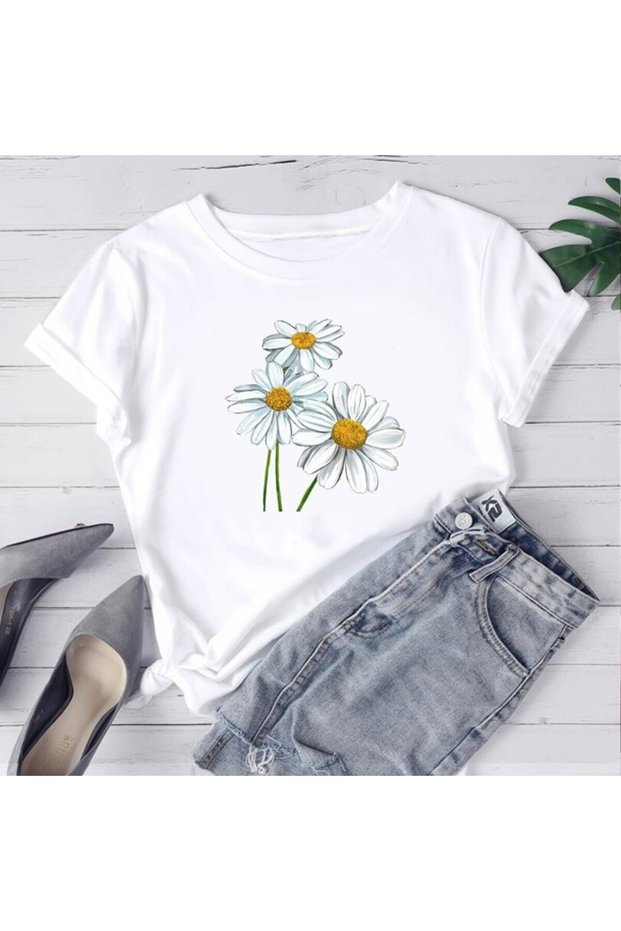 STYLE-X MOTHER'S DAY SPECIAL DAISY PRINTED CYCLING NECK, 100% COTTON WOMEN'S T-SHIRT