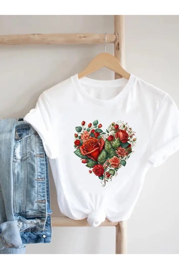 STYLE-X MOTHER'S DAY SPECIAL FLOWER HEART PRINTED BICYCLE NECK, 100% COTTON WOMEN'S TSHIRT