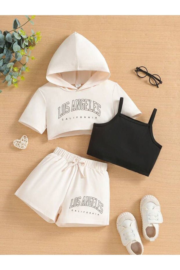 Children's Los Angeles Printed Hooded Crop T-Shirt, Strappy Crop Top and Shorts Set