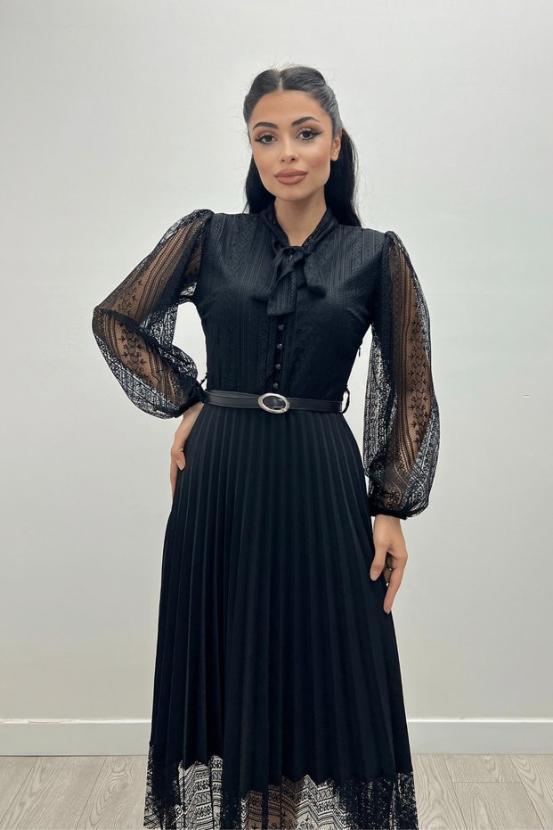 Lace Fabric Pleat Detailed Midi Dress - BLACK