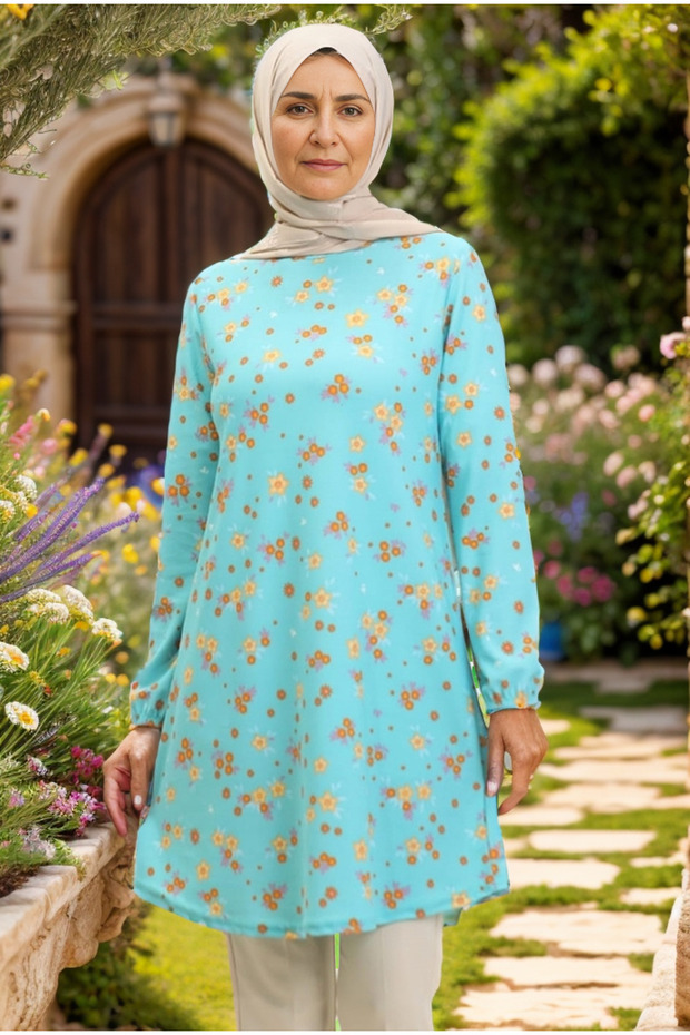 FLOWER PATTERNED CREPE DUMPED SOFT MINT TUNIC - 1