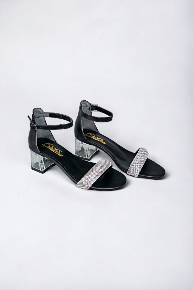 Women's Single Strap Gray Silver Shiny Stone Transparent Heeled Black Sandals