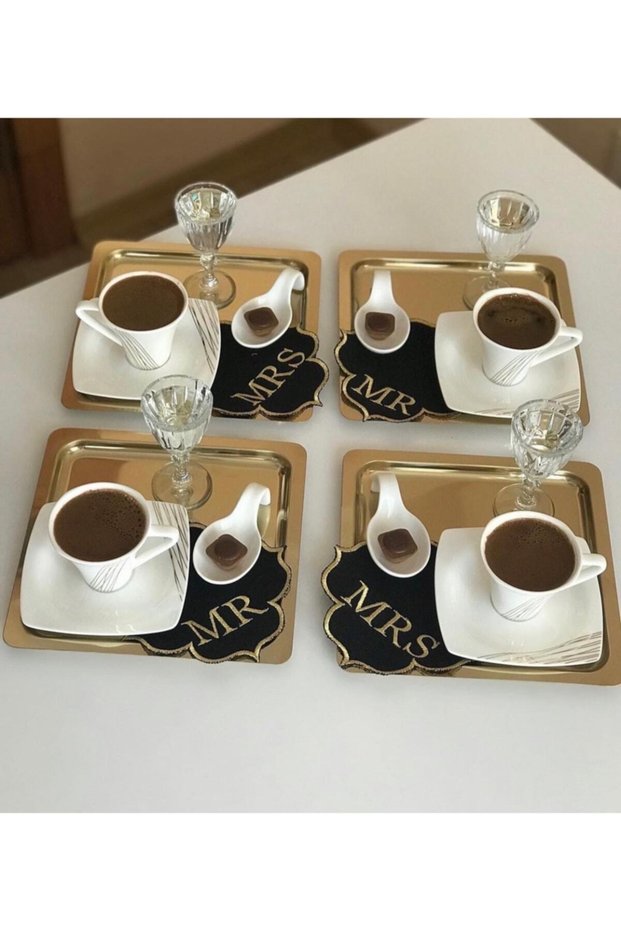 4 Pieces Titanium Plated Gold Stainless Steel Coffee Serving Presentation Tray & Saucer (21X21CM)