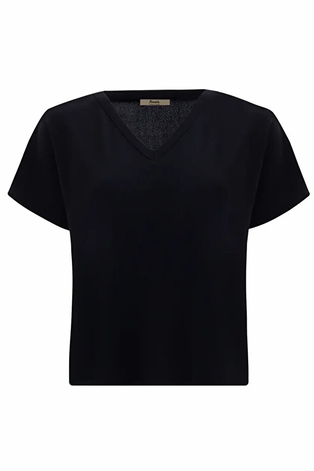 Kadın V Yaka Bel Boy Basic Tişört - Siyah - 1