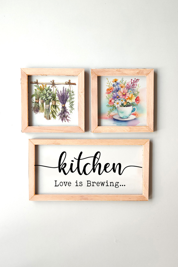Kitchen Love Is Brewing 3 Piece Painting Set with Lettering, Wooden Frame, Watercolor Effect Greenery
