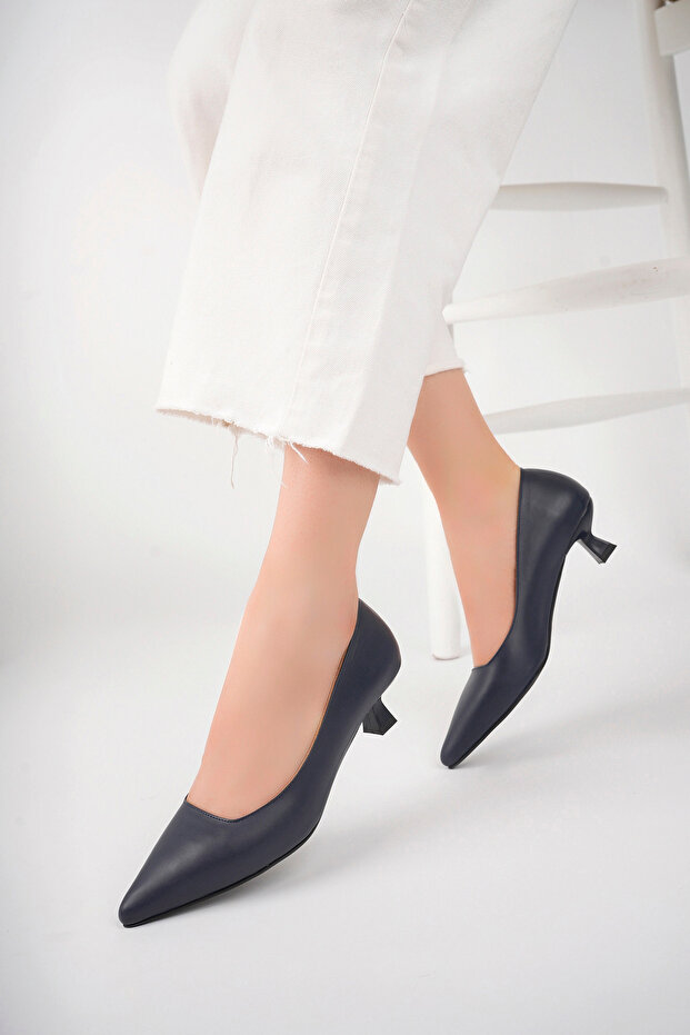 Genuine Leather Navy Blue Women's Leather Heeled Shoes Trc-63817