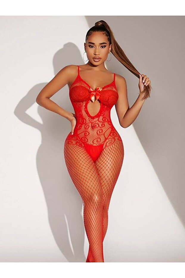 Patterned Open Belly Bow Fancy Body Stocking - 5
