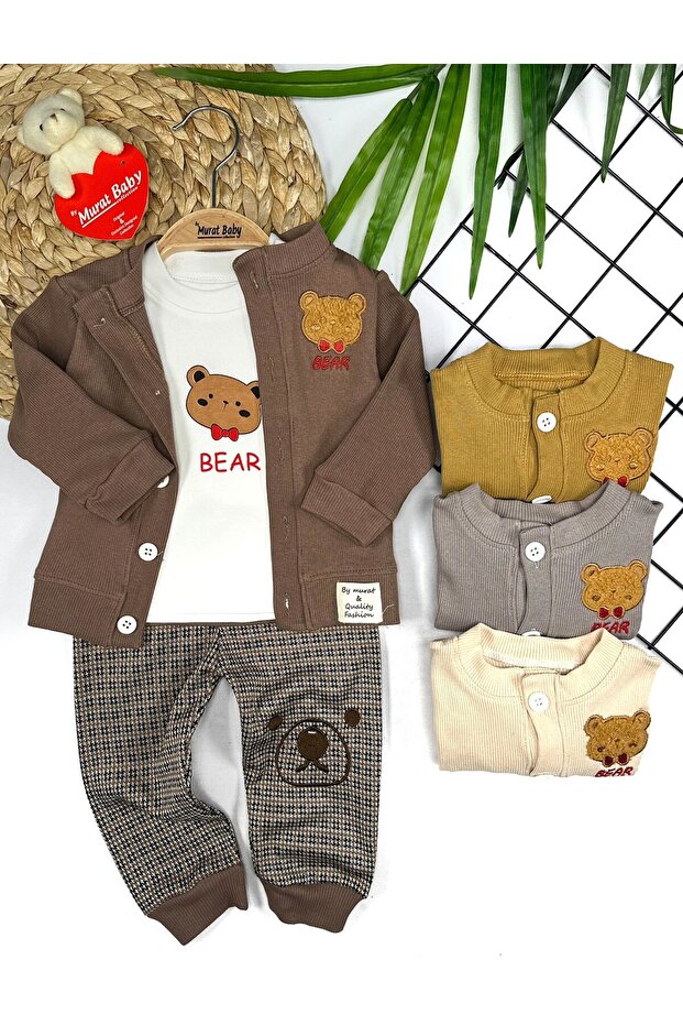 Brown Gingham Bear 3-Piece Baby Boy Set