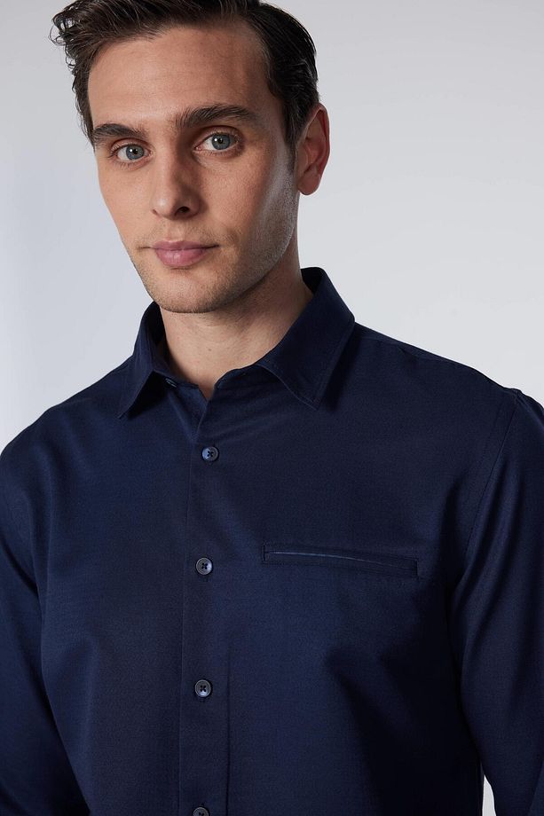 Slim Fit Uzun Kollu Dar Kesim Fleto Tek Cep Armürlü Pamuklu Lacivert Erkek Gömlek - 3