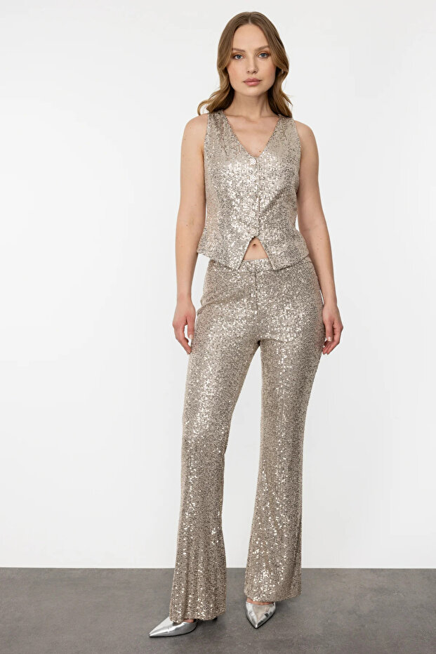 Payetli V Yaka Düğmeli Yelek - 3