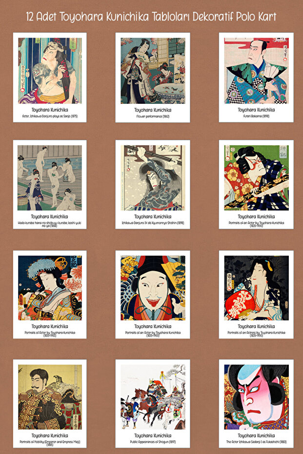Toyohara Kunichika Pictures 12 Pieces Decorative Polo Cards - Wire Board or Cork Board Decoration
