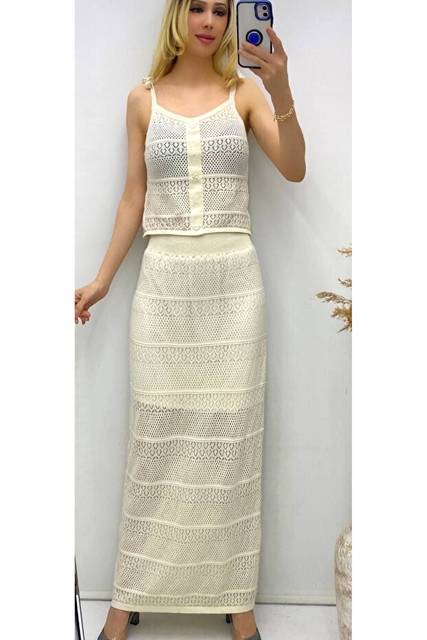 Women's Knitwear Set Lined Long Skirt and Suspender Blouse