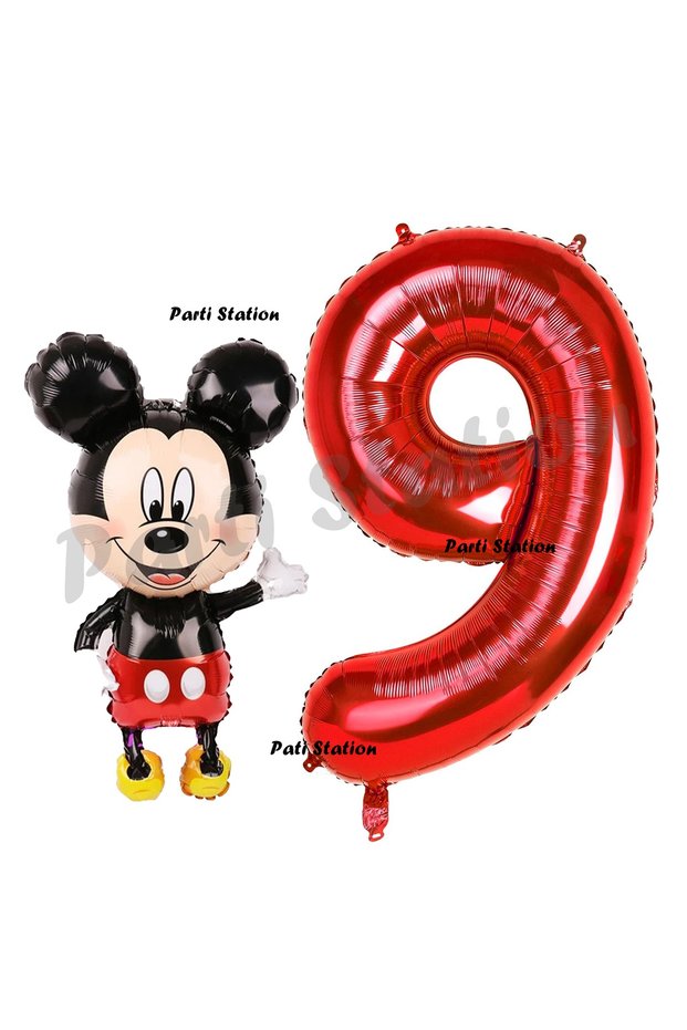 9 Year Old Birthday Mickey Mouse Balloon Set - Concept and Red Number Balloon