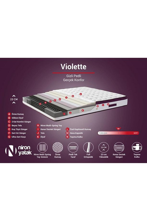 Violet Yatak Seti Tek Kişilik Yatak Baza Başlık Takımı, Orta Sert Yatak Mor Baza Ve Taşlı Başlık - 5