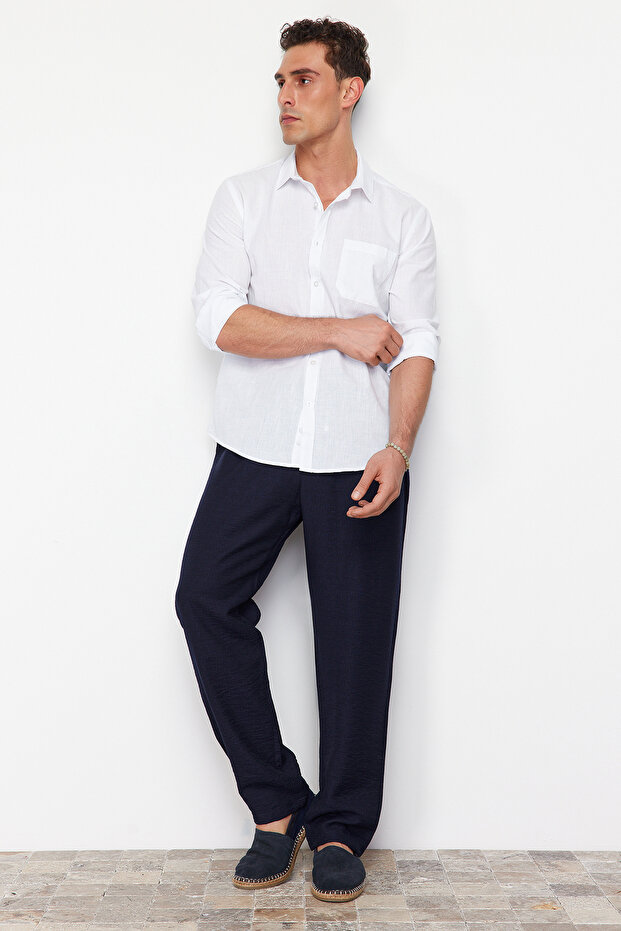 Lacivert Tapered Lastikli Beli Bağlamalı Keten Görünümlü Pantolon TMNSS20PL0547 - 2