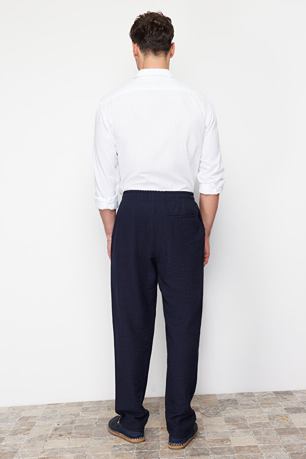 Lacivert Tapered Lastikli Beli Bağlamalı Keten Görünümlü Pantolon TMNSS20PL0547 - 6