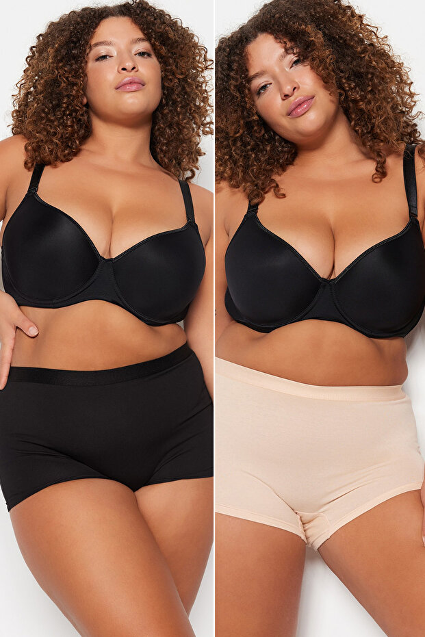 Siyah-Ten 2'li Paket Pamuklu Esnek Örme Boxer Büyük Beden Külot TBBSS23CM00025 - 1