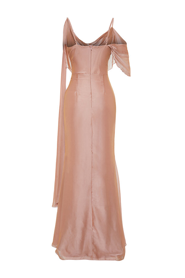 Carmen gallérú rózsaszín sifon hosszú estélyi ruha - TPRSS24AE00137 - 8