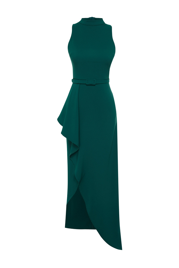 Smaragdově zelené poskakované dlouhé elegantní večerní šaty s páskem TPRSS24AE00146 - 7