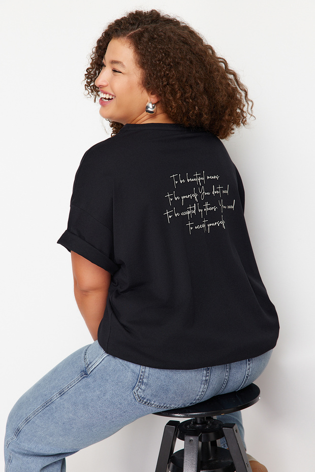 Siyah Bisiklet Yaka Sırt Baskılı %100 Pamuk Örme T-Shirt TBBSS23BF00024 - 3