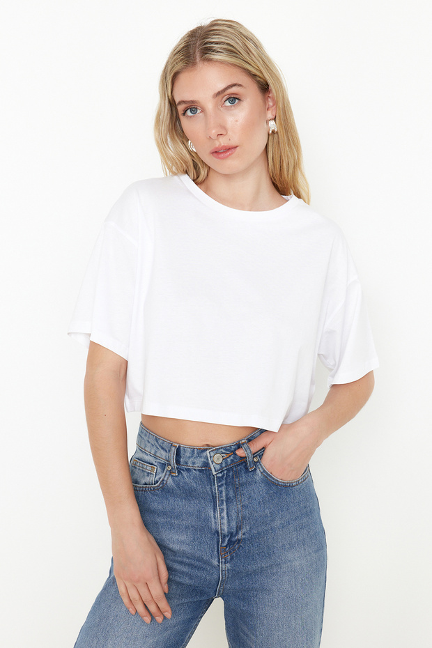 Siyah-Beyaz 2'li Paket %100 Pamuk Relax/Rahat Kesim Crop Örme T-Shirt TWOSS24TS00224 - 2