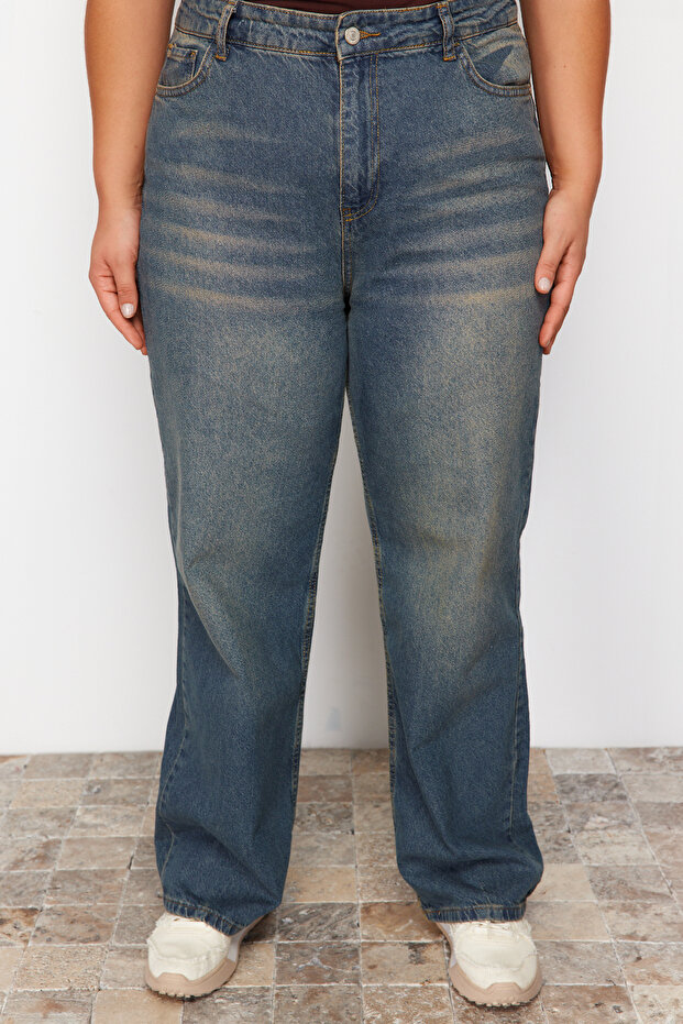 Mavi Yüksek Bel Soluk Efekt Vintage Yıkama Straight Fit %100 Pamuk Non-Stretch Jeans TBBSS24CJ00042 - 9