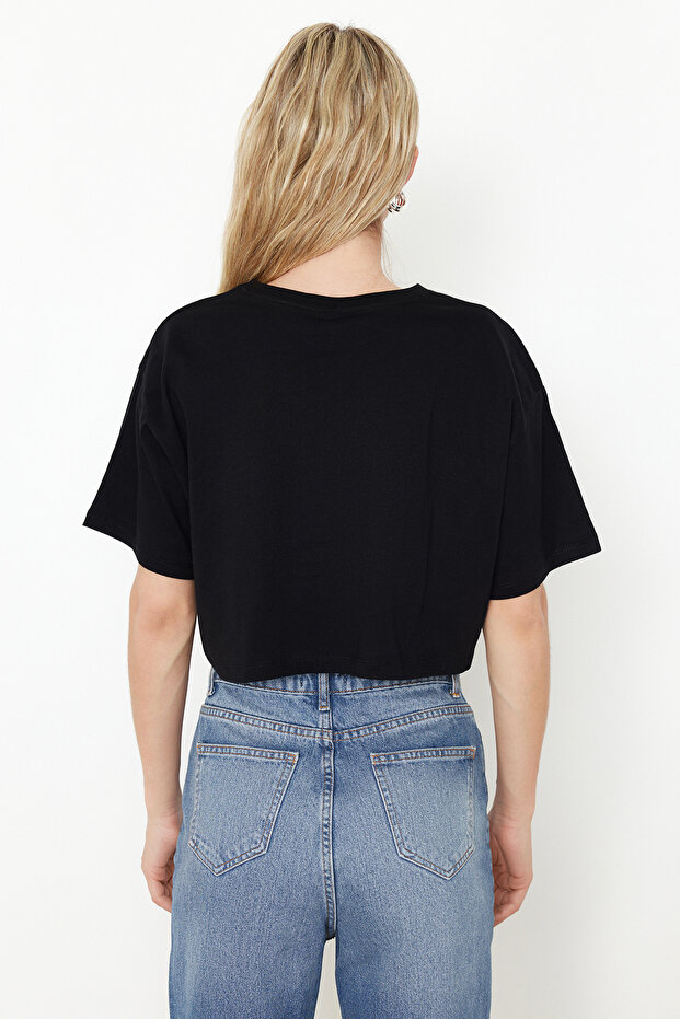 Siyah-Beyaz 2'li Paket %100 Pamuk Relax/Rahat Kesim Crop Örme T-Shirt TWOSS24TS00224 - 6