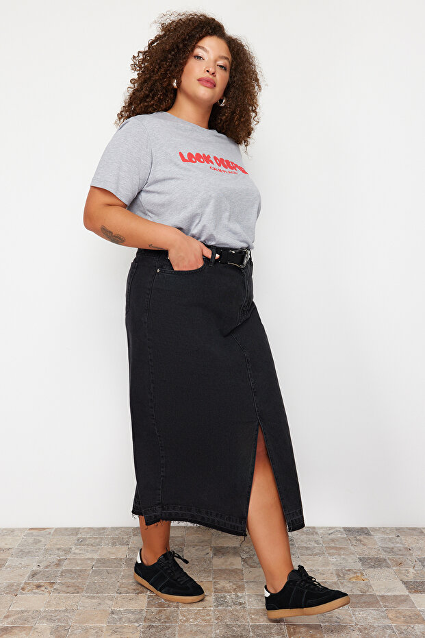 Siyah Ön Yırtmaçlı Midi Boy %100 Pamuk Non-Stretch Büyük Beden Denim Etek TBBSS23AZ00054 - 7