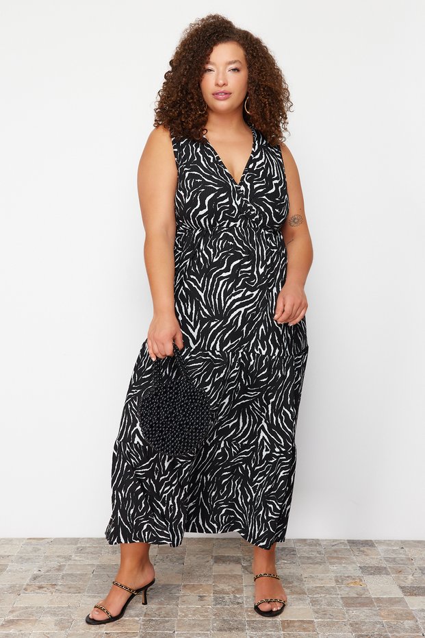 Black A-Line Animal Print V-Neck Knitted Plus Size Dress Tbbss22Ah00010