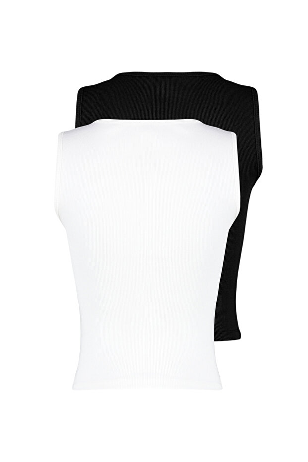 Siyah-Beyaz 2'li Paket Fitted/Vücuda Oturan Fitilli Esnek Örme Bluz TWOSS24BZ00583 - 8