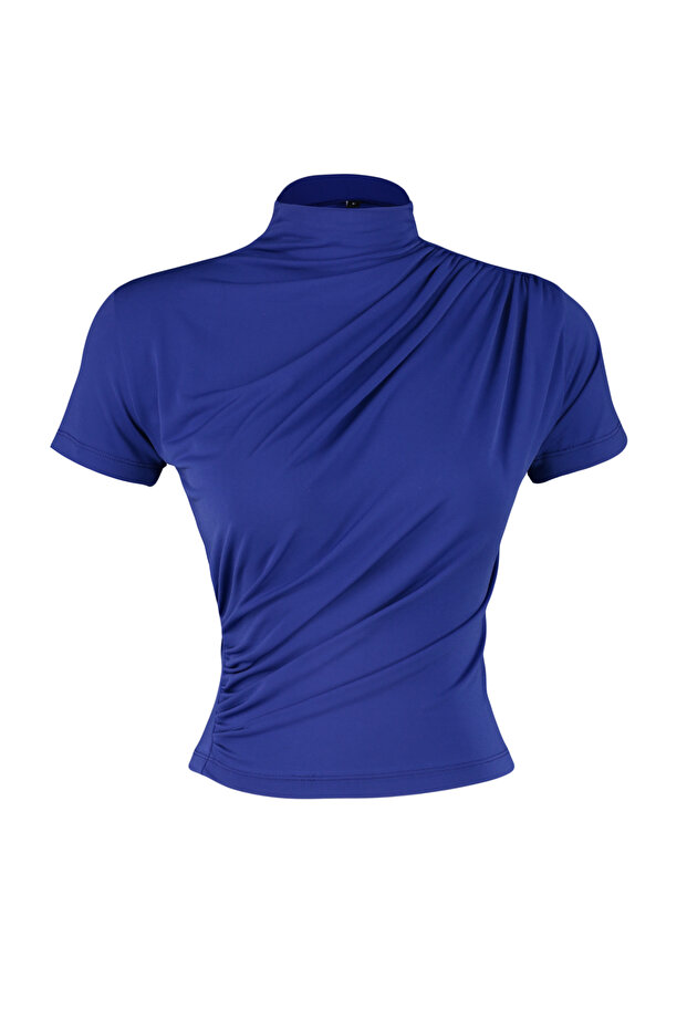 Saks Büzgü/Drape Detaylı Fitted/Vücuda Oturan Kısa Kollu Dik Yaka Esnek Örme Bluz TWOSS24BZ00426 - 7