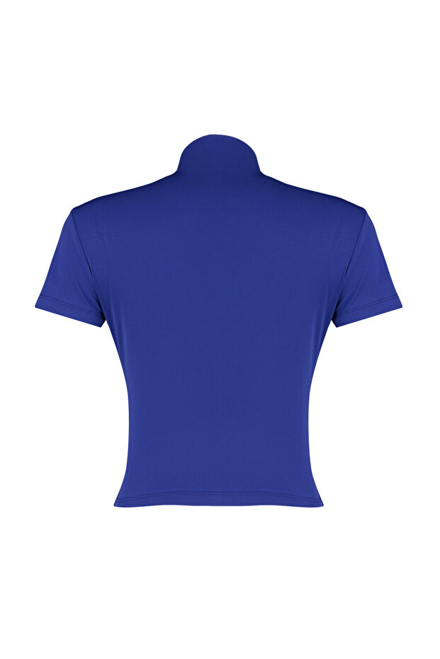Saks Büzgü/Drape Detaylı Fitted/Vücuda Oturan Kısa Kollu Dik Yaka Esnek Örme Bluz TWOSS24BZ00426 - 8