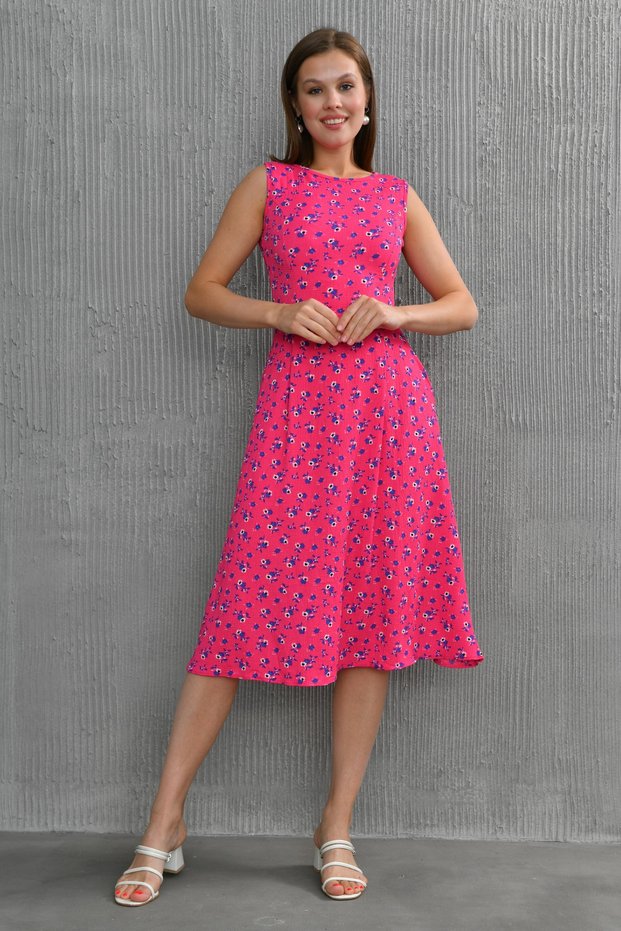 Women's Floral Patterned Stretchy Seersucker Zero Sleeve Pocket Detailed Crew Neck Sleeveless Pink Dress 102