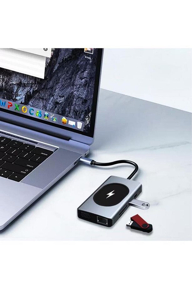 Type-c To Kablosuz Şarj Hdmı Vga Rj45 Sd Tf Card Usb 3.0 Aux 9 In 1 Port Görüntü Aktarıcı Adaptör - 2